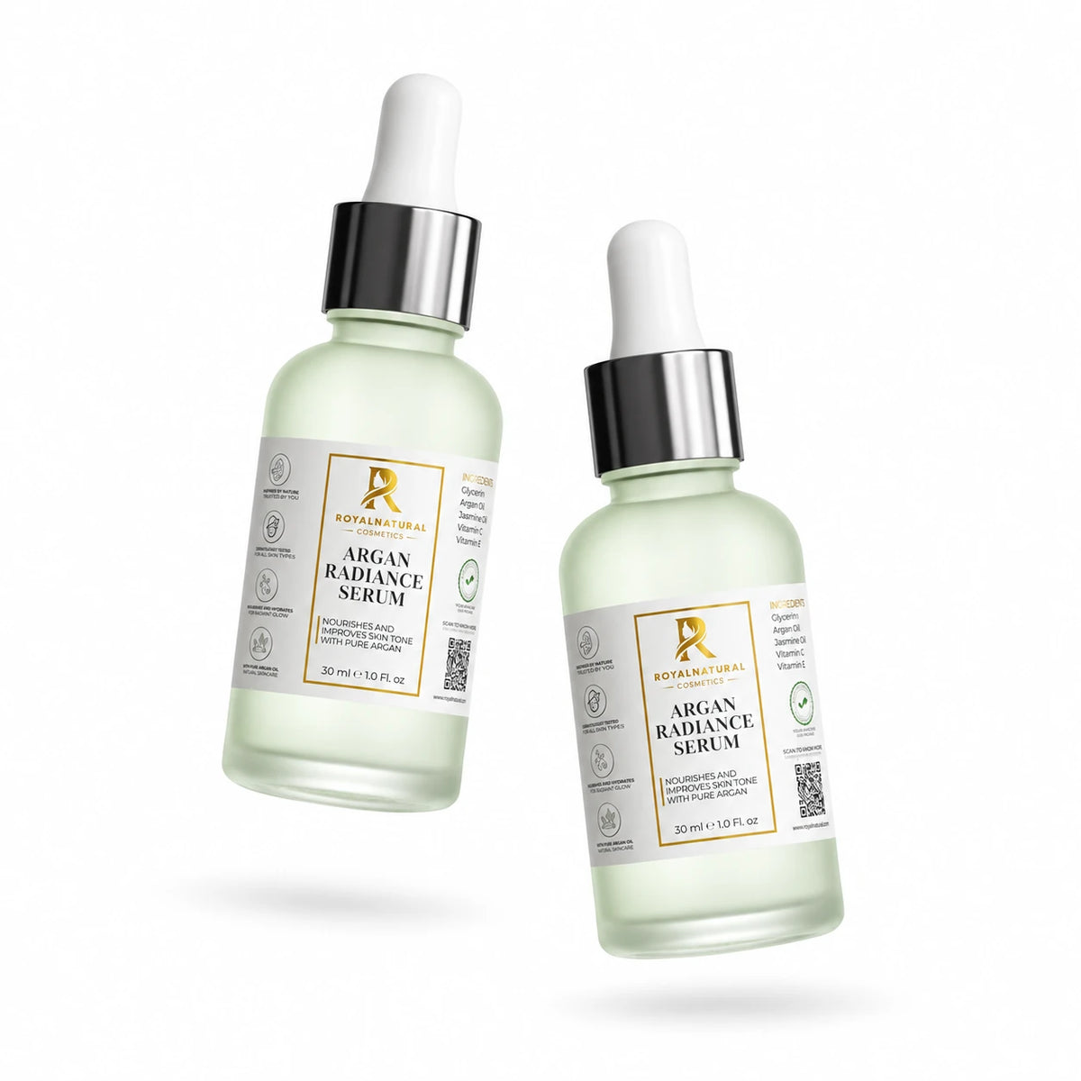 Argan Radiance Serum met twee zwevende flessen