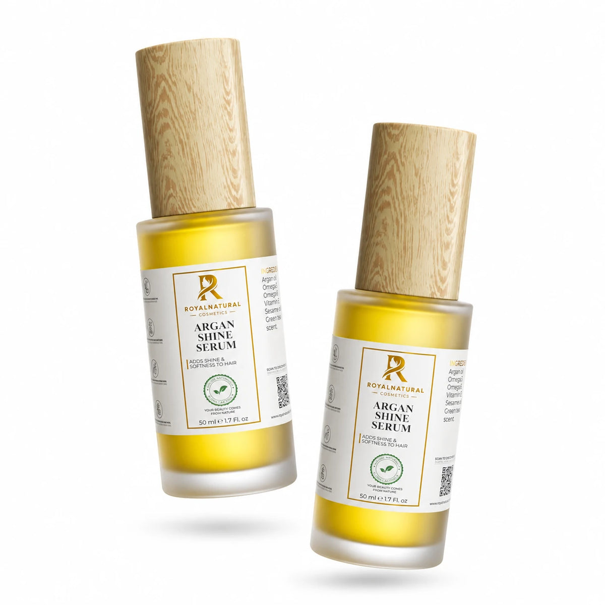 Argan Shine Serum met twee zwevende flessen