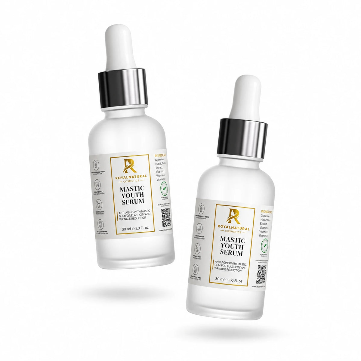 Mastic Youth Serum met twee zwevende flessen